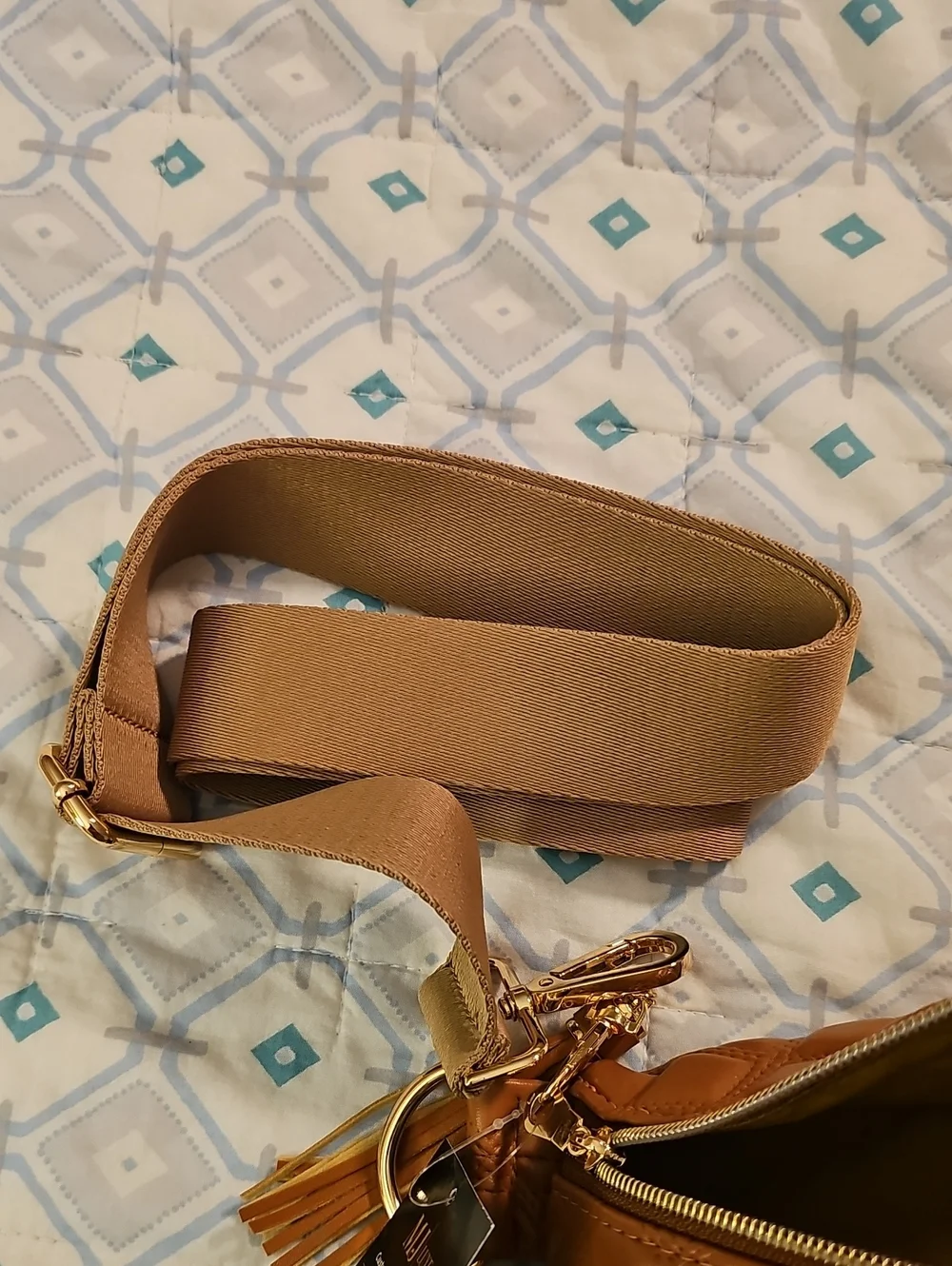 Makeup Junkie Quilted Tan Crossbody Bag